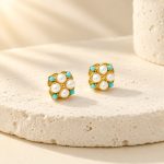 Turquoise Accent Pearl Floral Stud Earrings