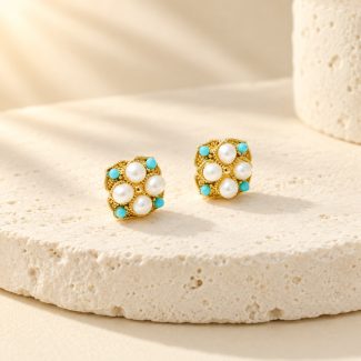 Turquoise Accent Pearl Floral Stud Earrings