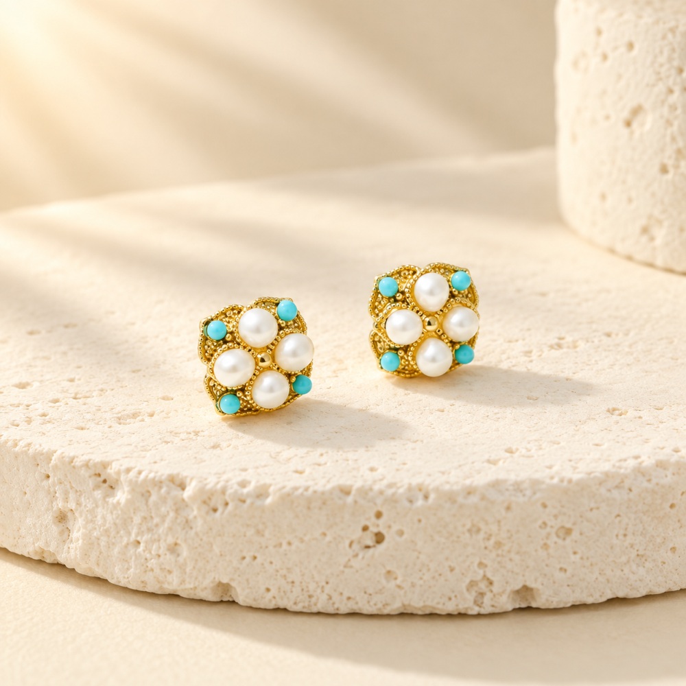 Turquoise Accent Pearl Floral Stud Earrings