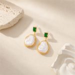 Green Glass & Baroque Pearl Drop Earrings