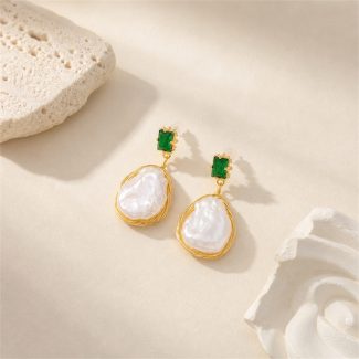 Green Glass & Baroque Pearl Drop Earrings