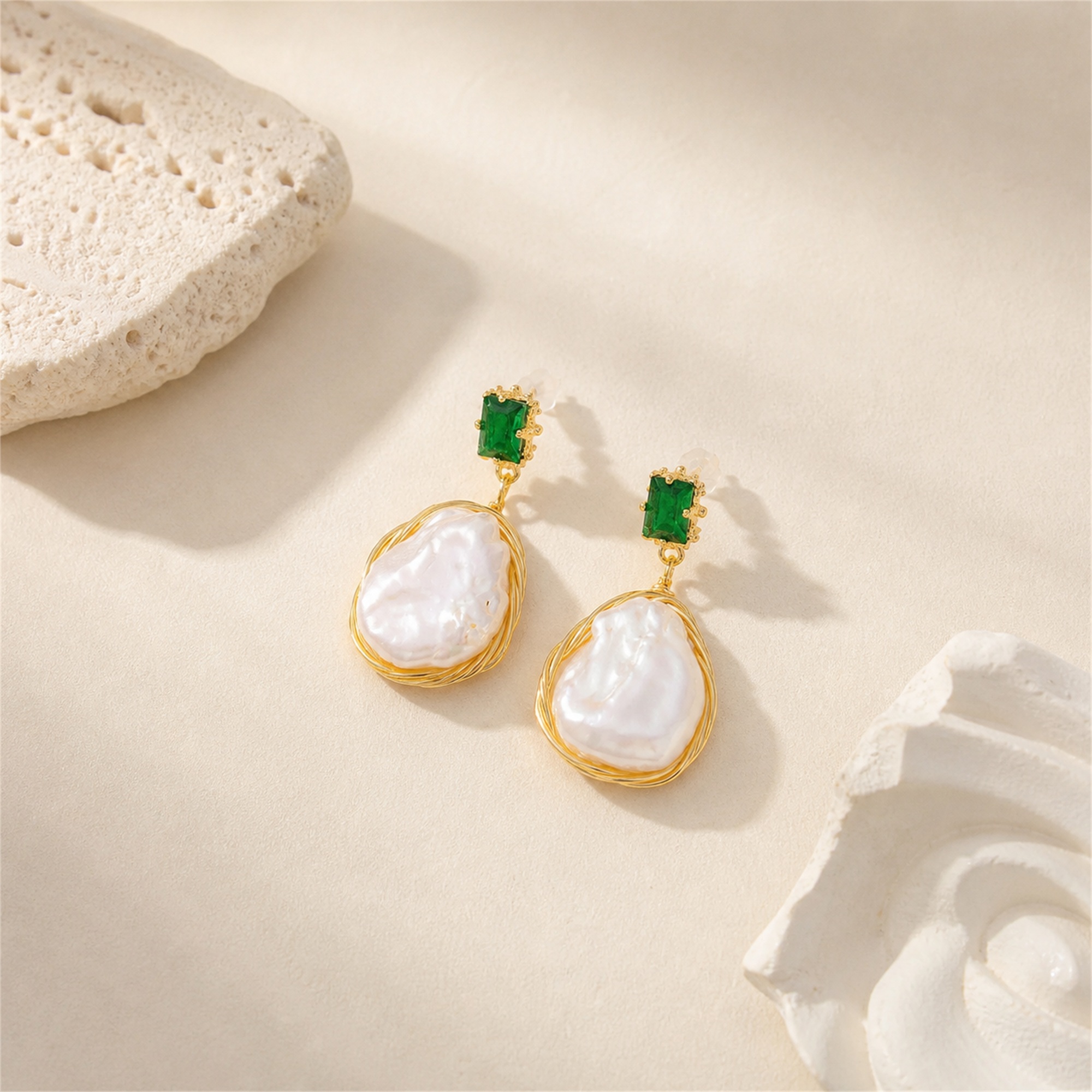Green Glass & Baroque Pearl Drop Earrings