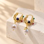 Gold Leaf Baroque Pearl Charm Hoop Earrings