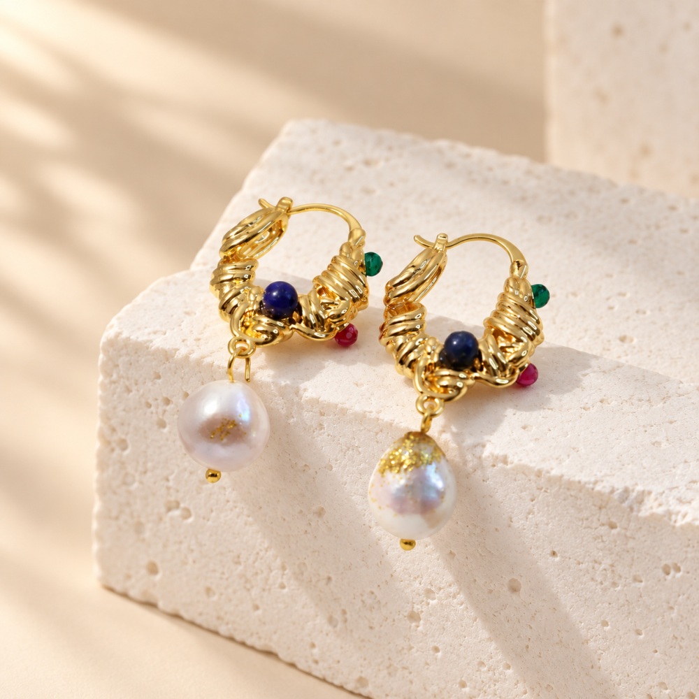 Gold Leaf Baroque Pearl Charm Hoop Earrings
