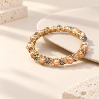 Colorful Pearl Blue Crystal Wire Cuff Bracelet