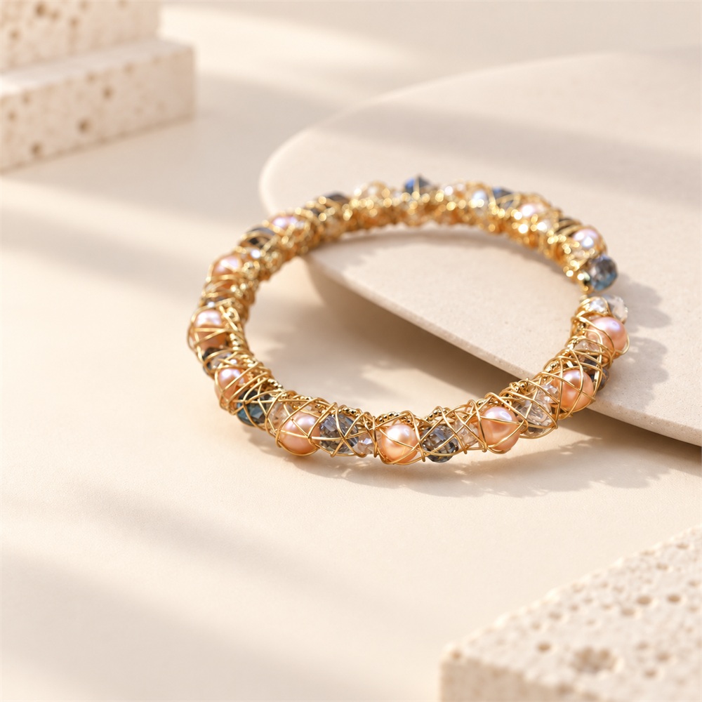 Colorful Pearl Blue Crystal Wire Cuff Bracelet