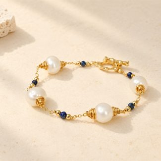 Wire-Wrapped Lapis Freshwater Pearl Link Bracelet