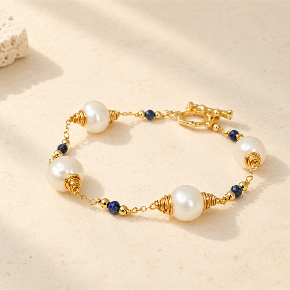 Wire-Wrapped Lapis Freshwater Pearl Link Bracelet