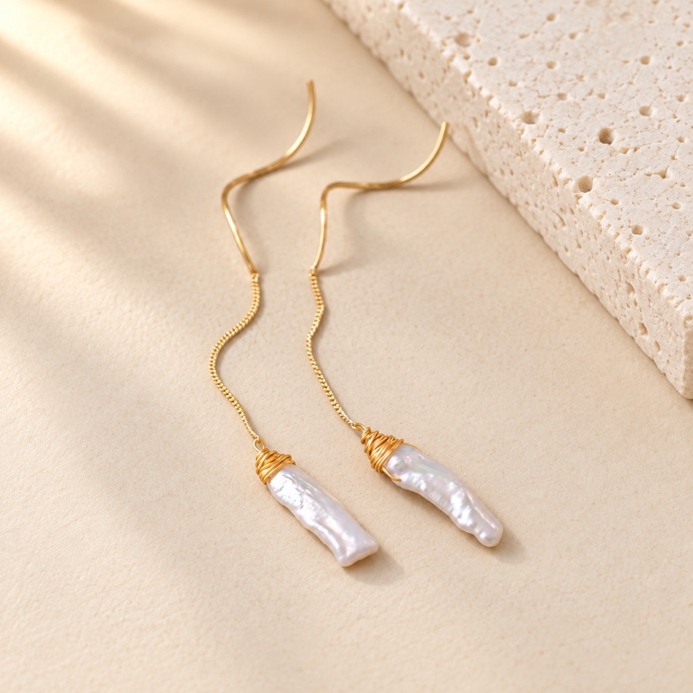 Wire-Wrapped Baroque Pearl Chain Threader Earrings