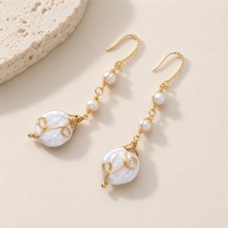 Wire-Wrapped Baroque Pearl Long Drop Earrings