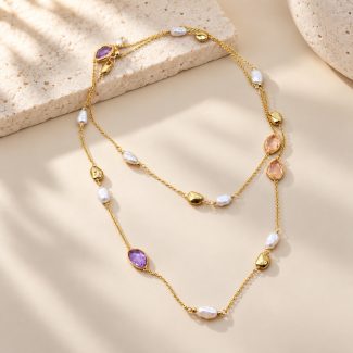 Colorful Glass & Pearl Long Station Necklace