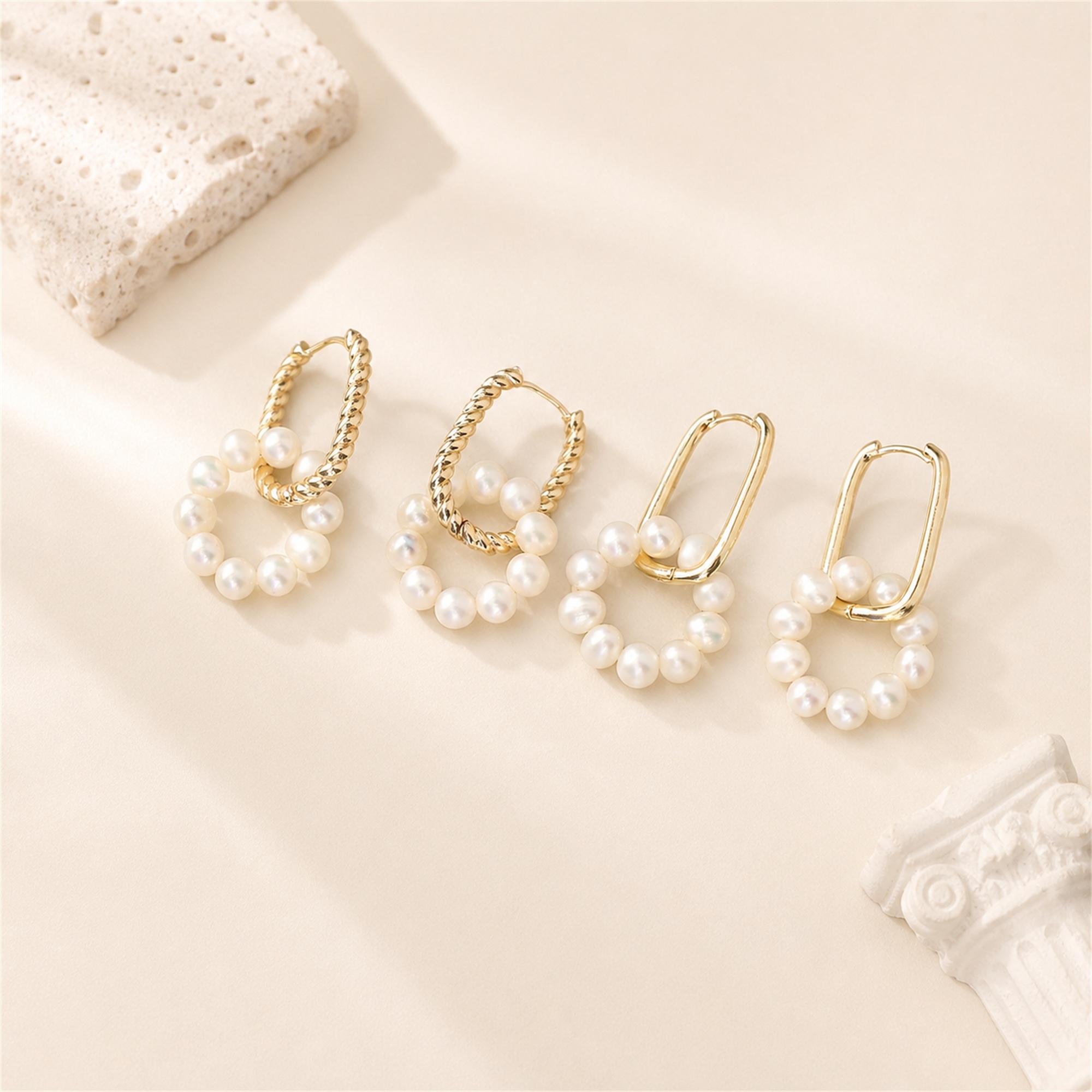 Double-Link Freshwater Pearl Hoop Earrings