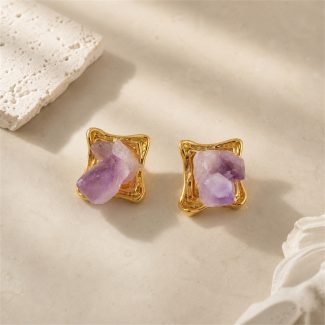 Raw Amethyst Framed Stud Earrings