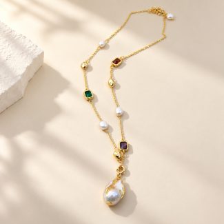 Baroque Pearl & Colorful Gemstone Station Necklace