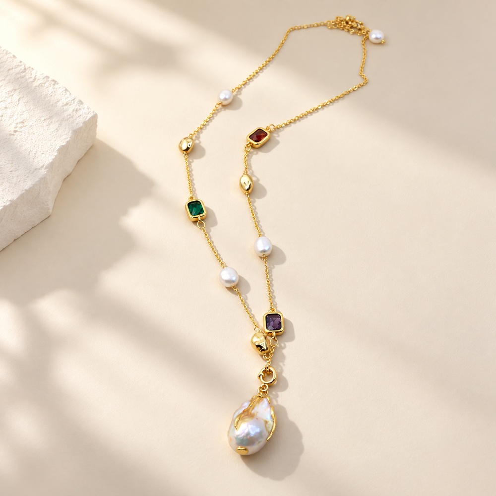 Baroque Pearl & Colorful Gemstone Station Necklace