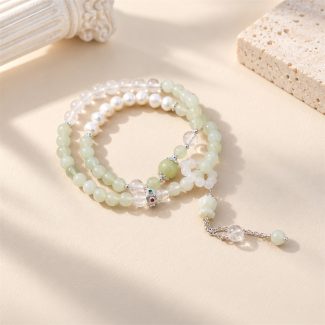 Layered Jade Pearl Tulip Charm Bracelet