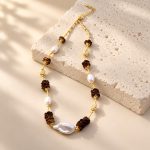 Wood Bead Baroque Pearl Station Necklace