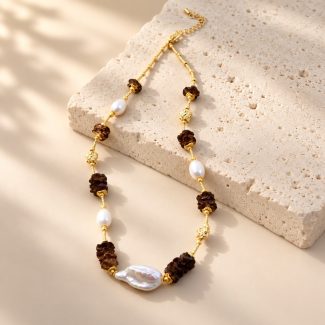 Wood Bead Baroque Pearl Station Necklace