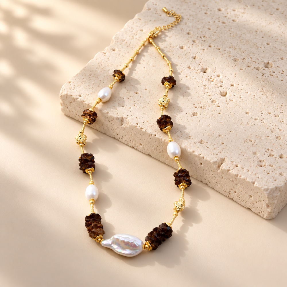 Wood Bead Baroque Pearl Station Necklace