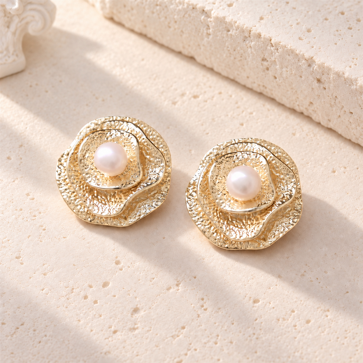Textured Rose Freshwater Pearl Stud Earrings