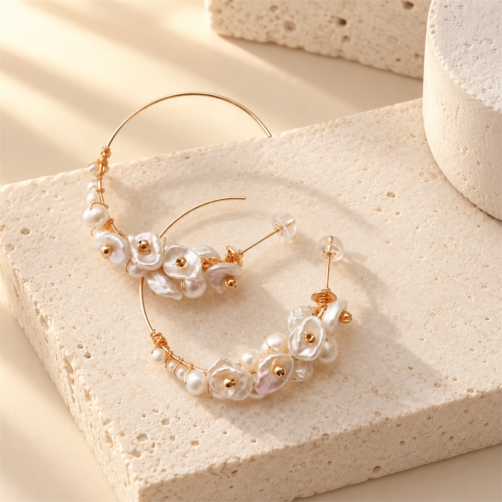 Mixed Petal Pearl Open Hoop Earrings