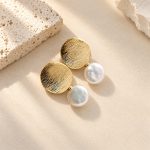 Brushed Disc Freshwater Pearl Drop Earrings