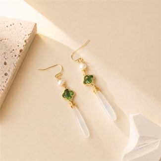 Green Clover White Jade Drop Earrings