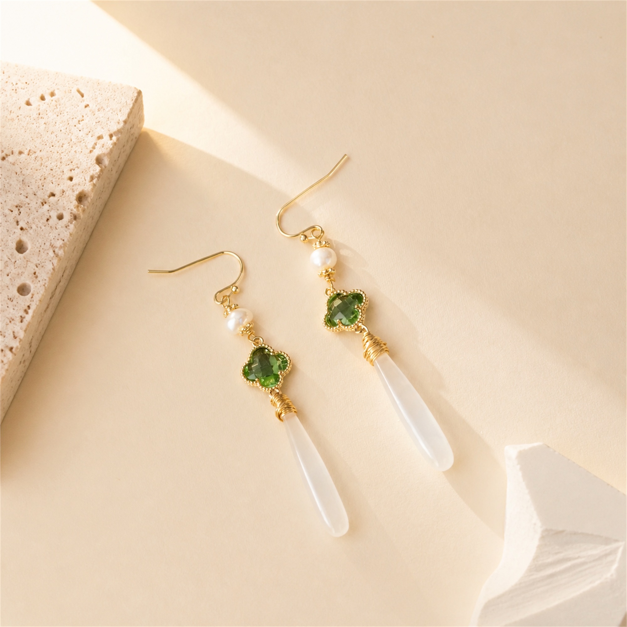 Green Clover White Jade Drop Earrings