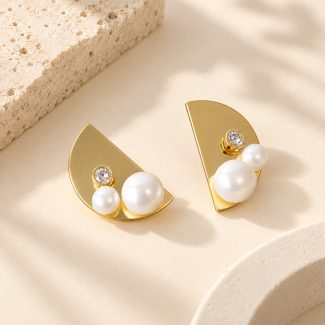 Half Moon Pearl Crystal Stud Earrings