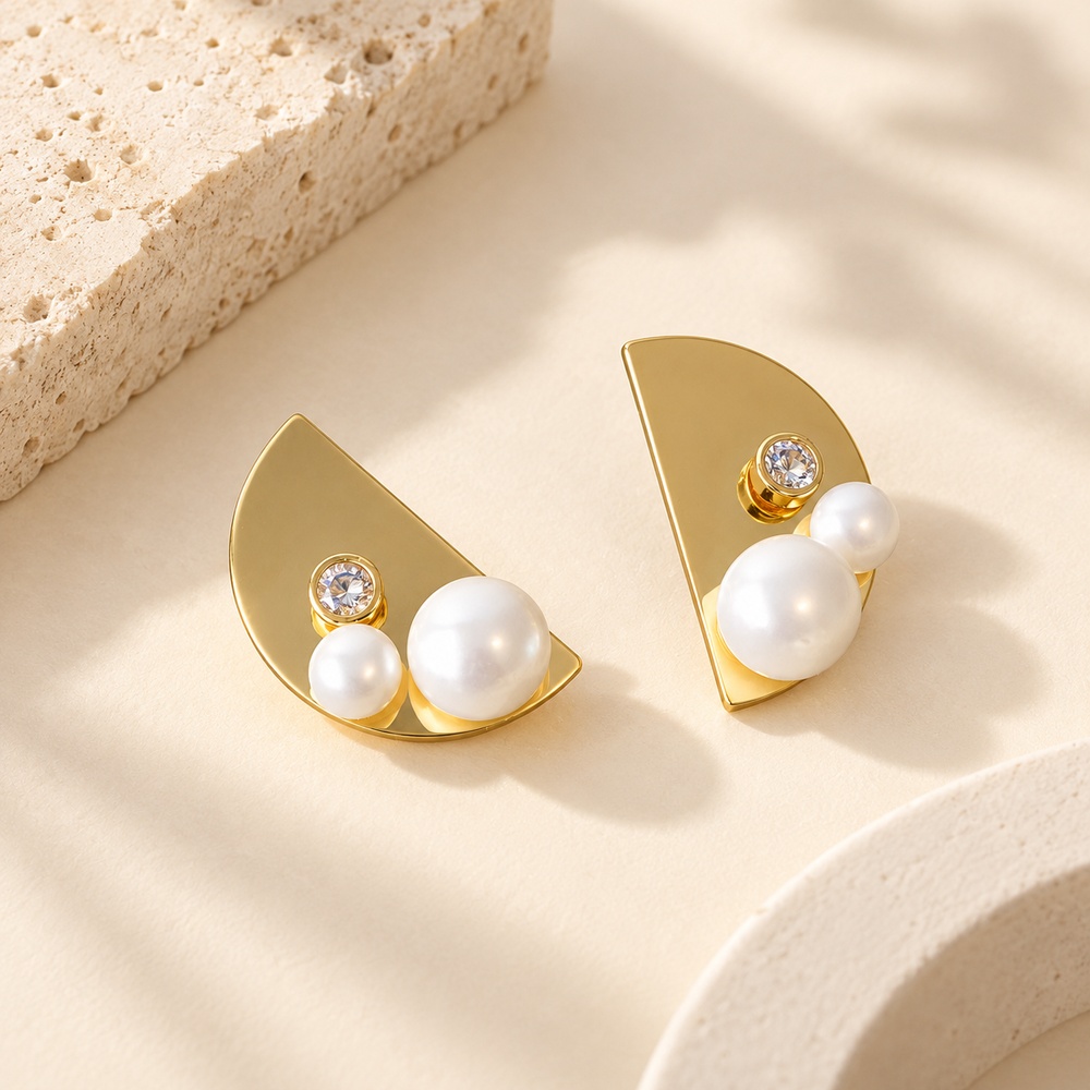 Half Moon Pearl Crystal Stud Earrings