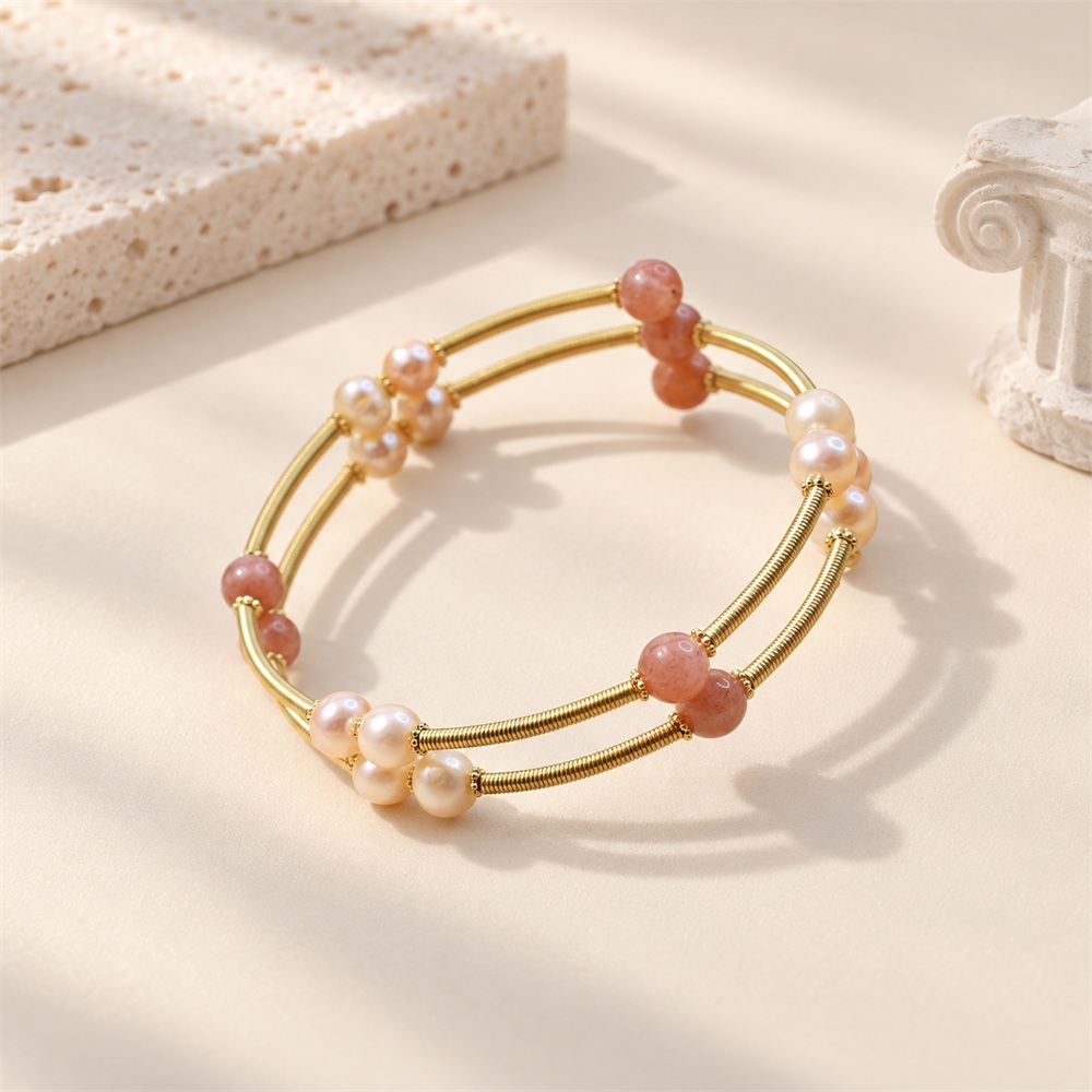 Orange Moonstone & Freshwater Pearl Multi-Band Bangle
