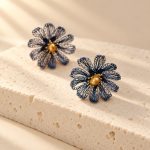 Blue Wire Crochet Pearl Daisy Earrings