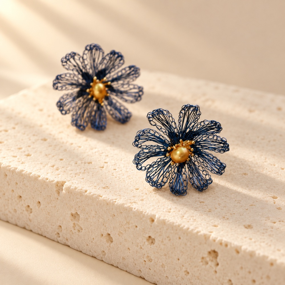 Blue Wire Crochet Pearl Daisy Earrings