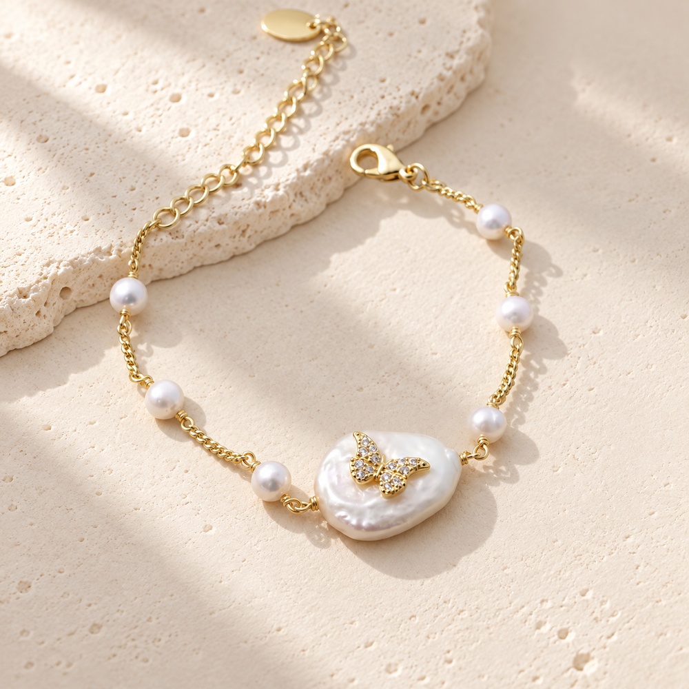 Butterfly Baroque Pearl Station Bracelet