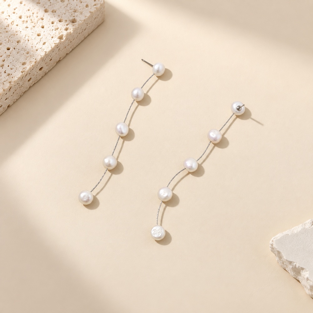 Five Pearl Long Linear Drop Earrings