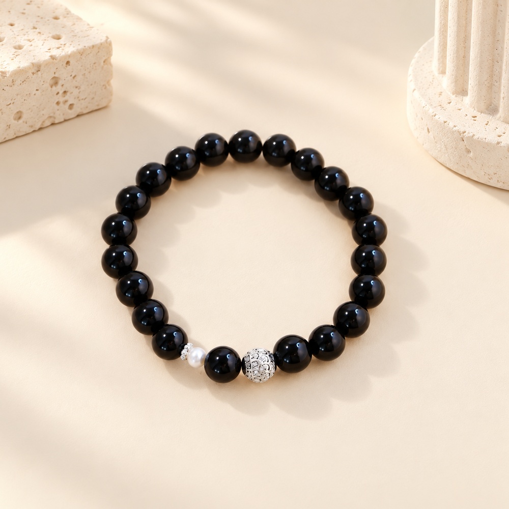 Black Obsidian & Freshwater Pearl Stretch Bracelet