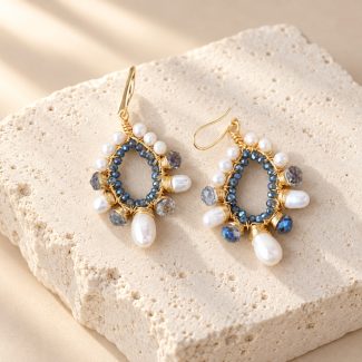 Blue Crystal Pearl Teardrop Frame Earrings