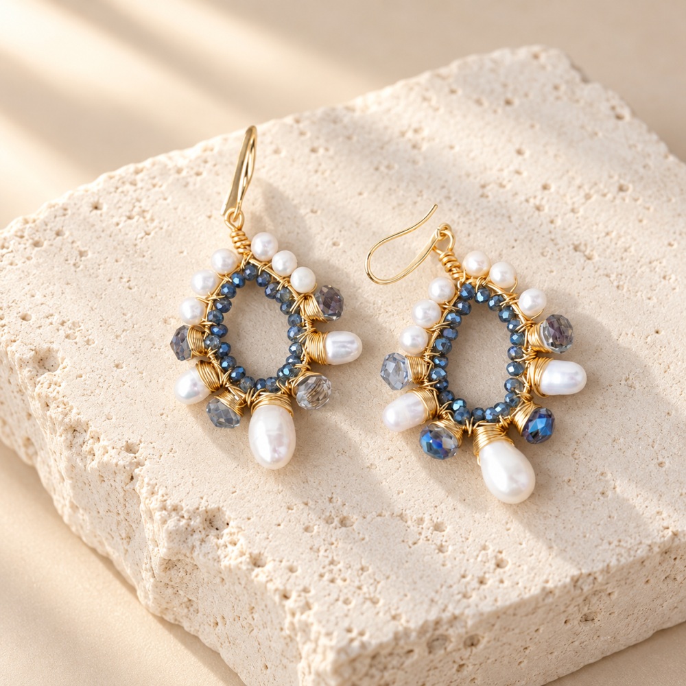 Blue Crystal Pearl Teardrop Frame Earrings