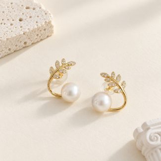 Olive Leaf Freshwater Pearl Stud Earrings