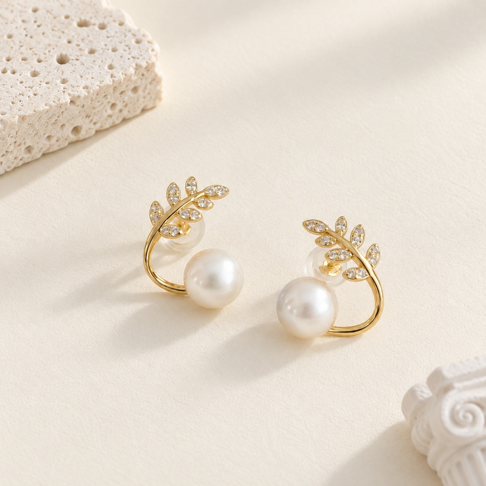 Olive Leaf Freshwater Pearl Stud Earrings