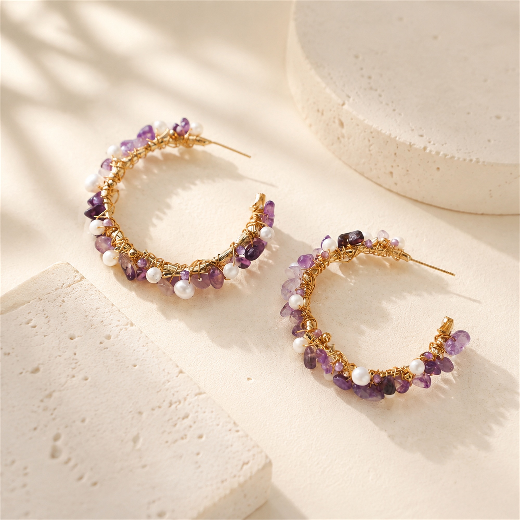 Amethyst Chip & Freshwater Pearl Hoop Earrings