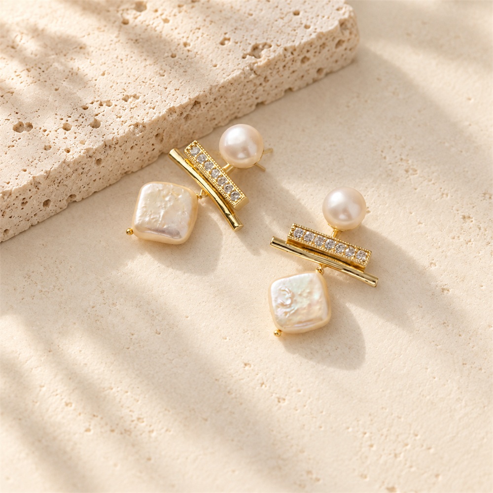Sparkling Bar & Square Pearl Drop Earrings