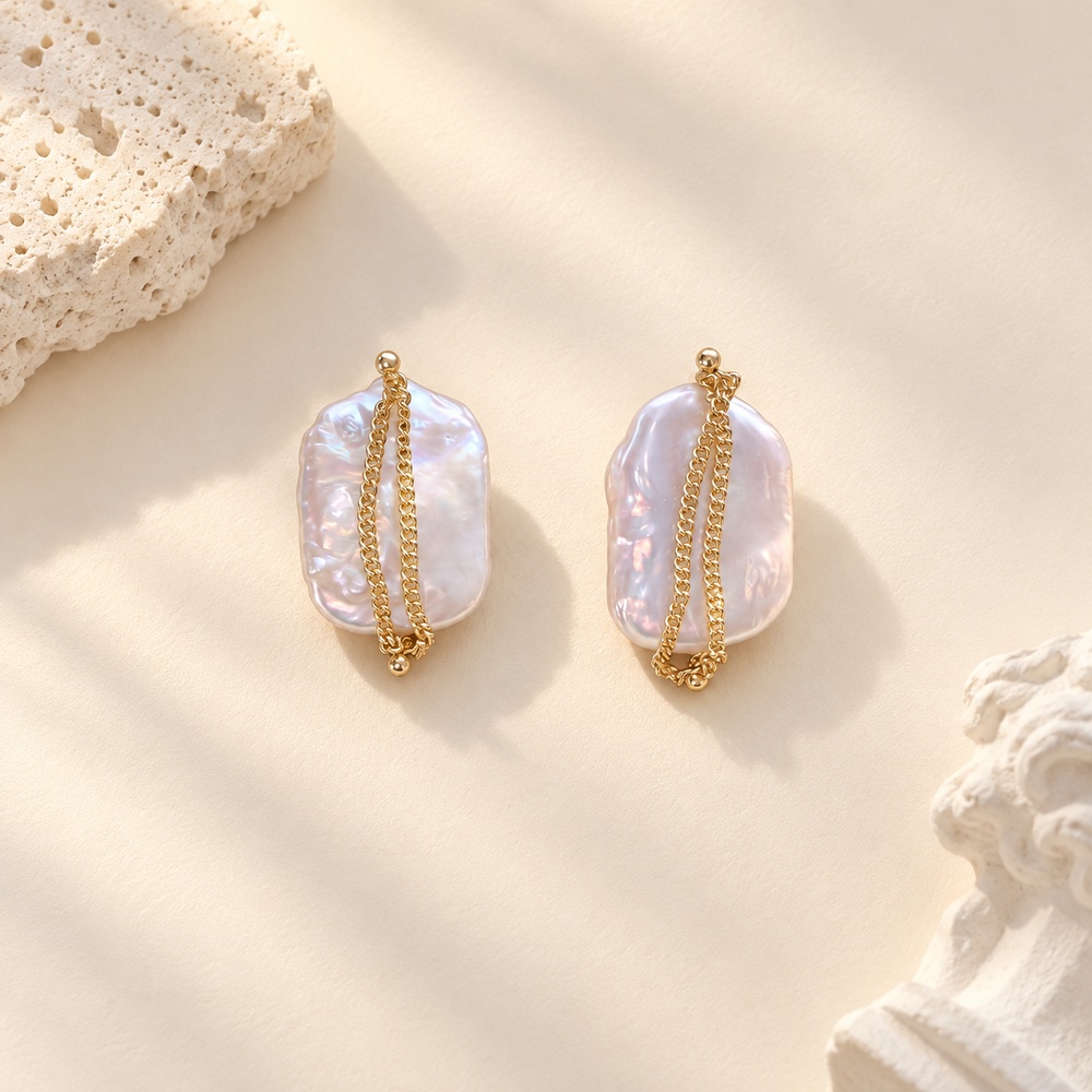 Golden Chain Freshwater Pearl Stud Earrings