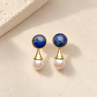 Round Lapis Freshwater Pearl Drop Earrings