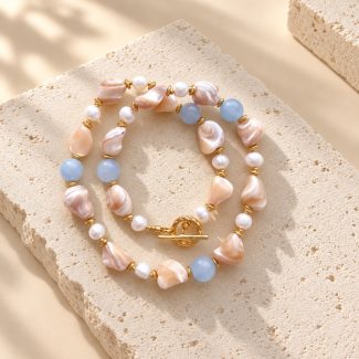 Peach Pearl & Blue Bead Necklace