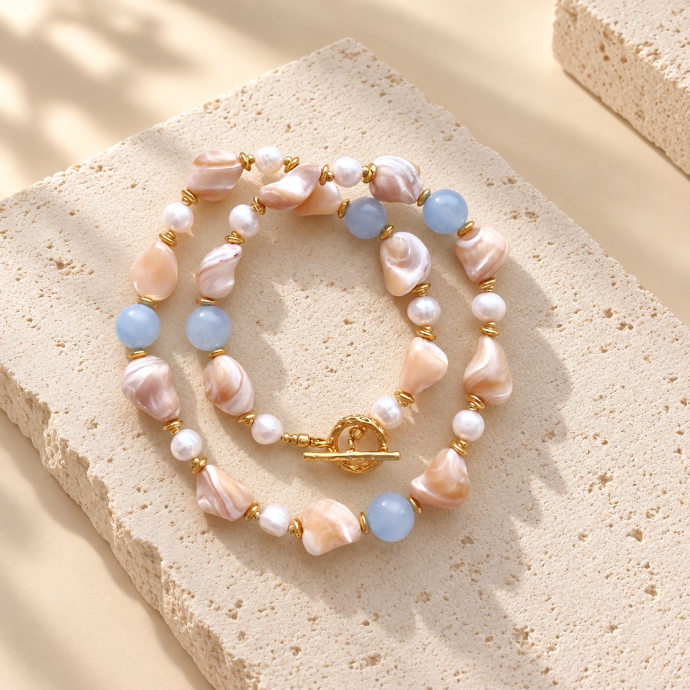 Peach Pearl & Blue Bead Necklace