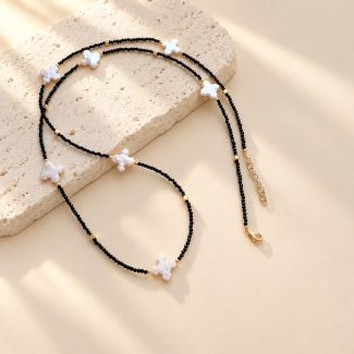 Black Spinel Pearl Blossom Station Necklace