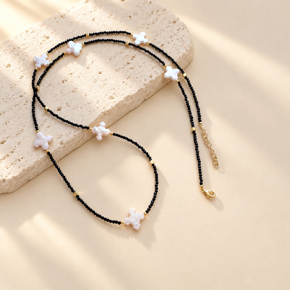 Black Spinel Pearl Blossom Station Necklace