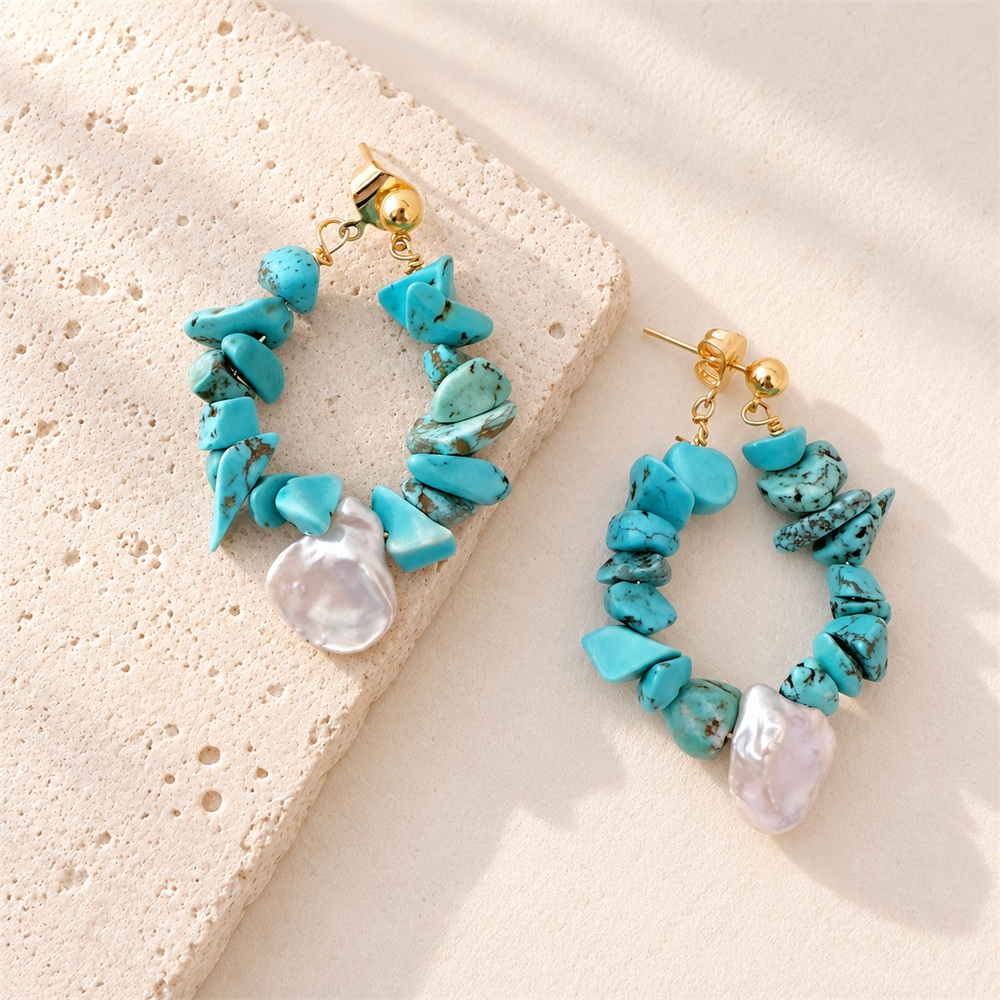Turquoise Chip Pearl Teardrop Hoop Earrings