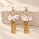 Petal Pearl Circle Golden Chain Fringe Earrings